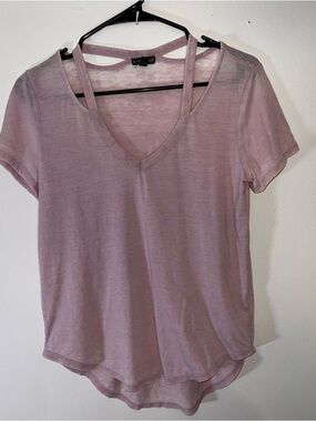Express Light Lavender V-Neck Short Sleeve Sheer Top Strap Detail